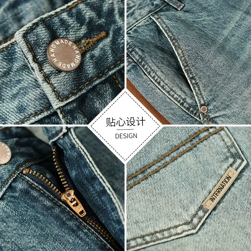 الكلاسيكية أزياء رجالي الأزرق الدنيم بانت شارع العليا الرجعية غسلها فضفاض الجينز القطن كامل طول مستقيم الجينز عارضة الدنيم بنطلون #3