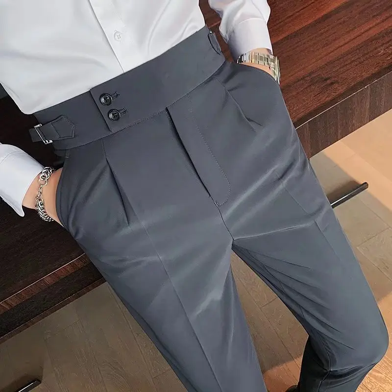 

Summer Men's Casual Elastic Waist Solid Color Loose Straight Suit Pants Breathable Korea Trousers Minimal Design Male A59