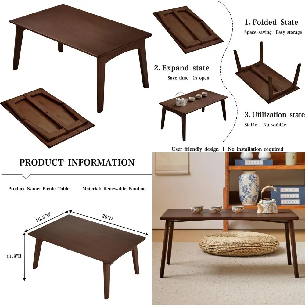 طاولة قهوة قابلة للطي من الخيزران - لمسة نهائية من خشب الجوز، لا حاجة للتجميع، 26 × 15.8 × 11.8 بوصة، مناسبة لغرفة النوم أو استخدام طاولة الشاي المنخفضة #1