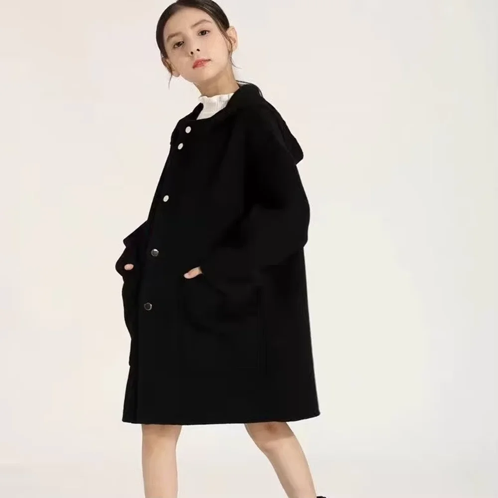 Girls Double-Sided Cashmere Coat Spring Autumn 2026 New Thickened Hooded Stylish Woolen Outerwear for Children 110-160CM