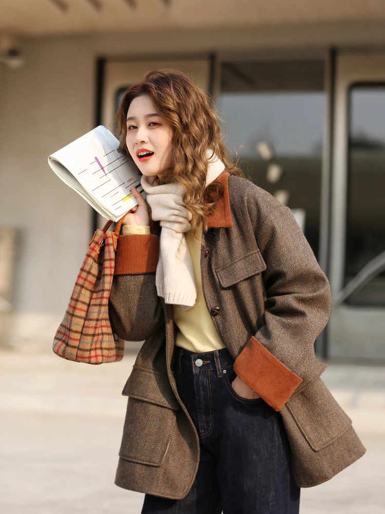 

Hua Ji B635 Women's Plaid Color Blo Corduroy Coat Winter Top Sweet Sle Collar Long Sve Medium Length Straight Cut