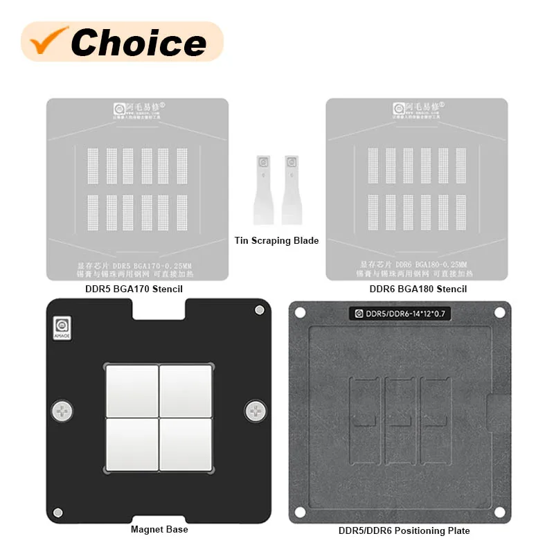 AMAOE Video Memory Particle Chip Tin Planting Platform Set for DDR5 DDR6 BGA170 BGA180 BGA Reballing Steel Mesh Template