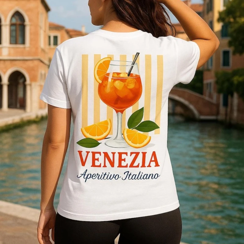 

Venezia Beverages T-Shirt Italian Summer Tee Unisex Back Design Venice Graphic Mediteran Short-sleeved Round-neck Cotton Shirt
