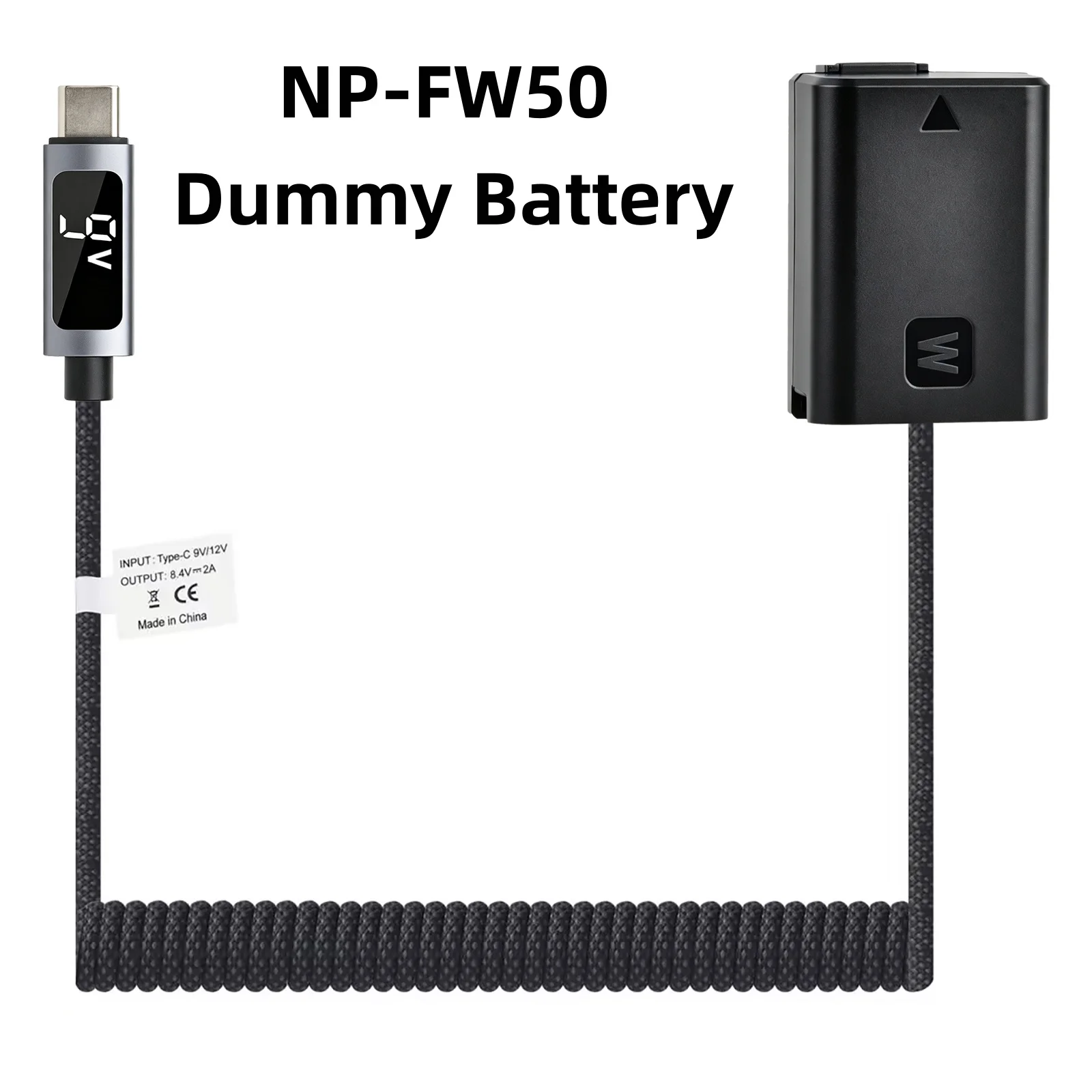 ZV-E10 NP-FW50 Dummy Battery with Type-C PD Spring Power Adapter Cable for Sony A7 A7M2 A6000 A6300 A6500 A5000 A5100 Cameras