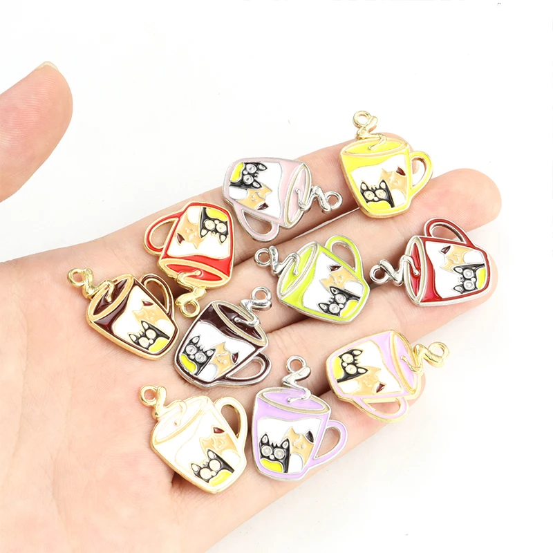 10pcs Enamel Lovely Cup Cat Charms Kawaii Kitten Animals Pendants Cute Cartoon Charm Jewelry DIY Bracelets Necklaces Accessories