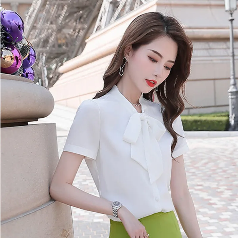 

New Elegant Women's Blouse With Bow, Chiffon Slim Short Sleeve Summer Temperament Lace Ladies White Shirt Fashion Leisure Loose