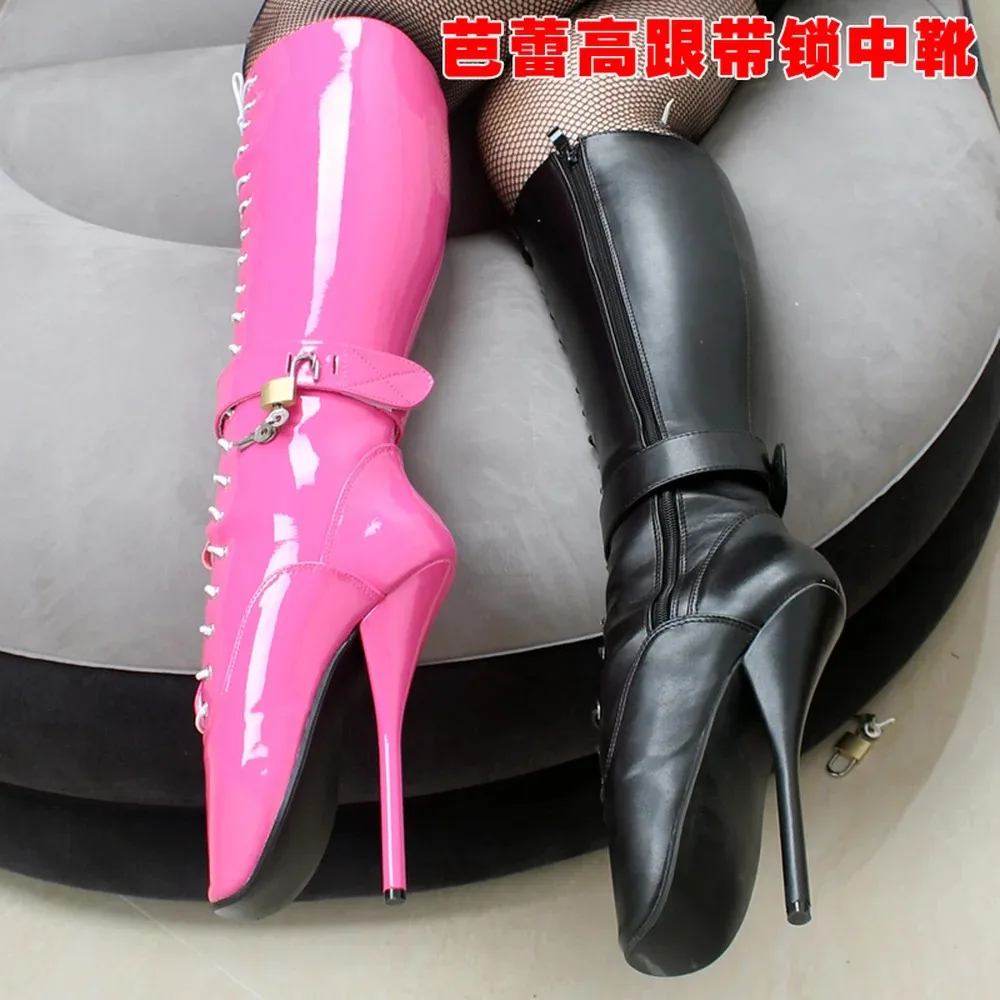 18CM High Heel  Women\'s Club Mid-calf Boots Lace Up Stilettos Lock Dance Unisex Ballet Sexy Plus Size 34-46 Custom Made