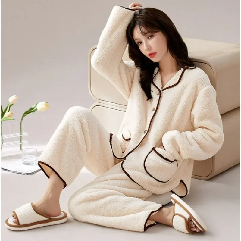 2025 New Pajama Woman Winter Fleece Sleepwear Thickened Coral Fleece Loungewear Warm Plus Size Homewear Set Loose Nightwear