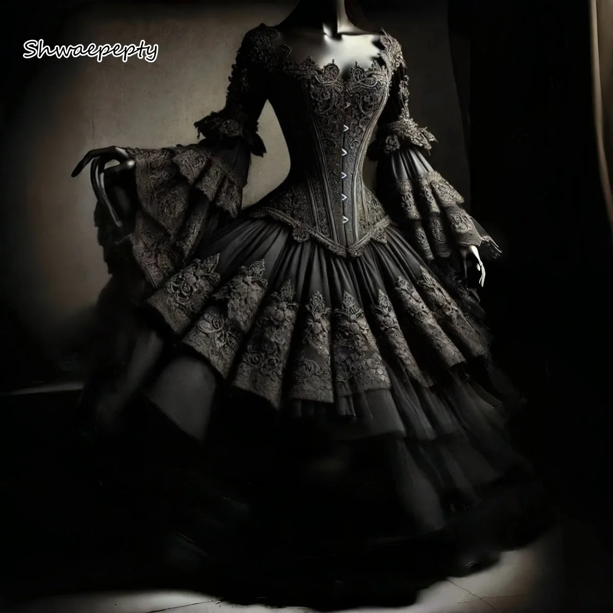Vampire Gothic Black Wedding Dress Steampunk Corset Long Flare Sleeves Vintage Bridal Gown Customized Vestidos De Novia 2025