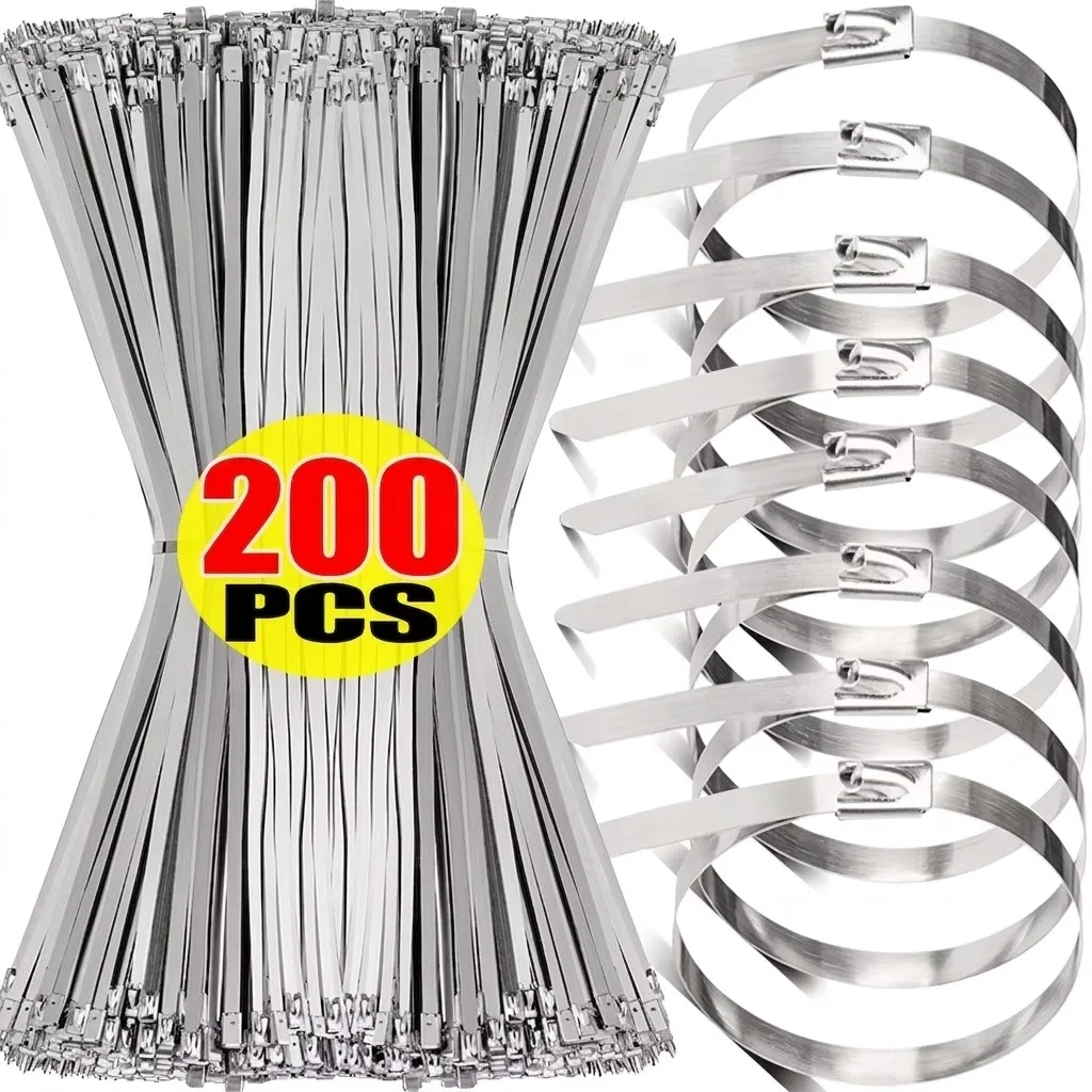 【Lokaler Lagerbestand】200 Stück Hochleistungs-Kabelbinder aus Edelstahl, selbstverriegelnde Metall-Kabelbinder, UV-beständige Befestigungsringe für Auspuffrohre und Zäune