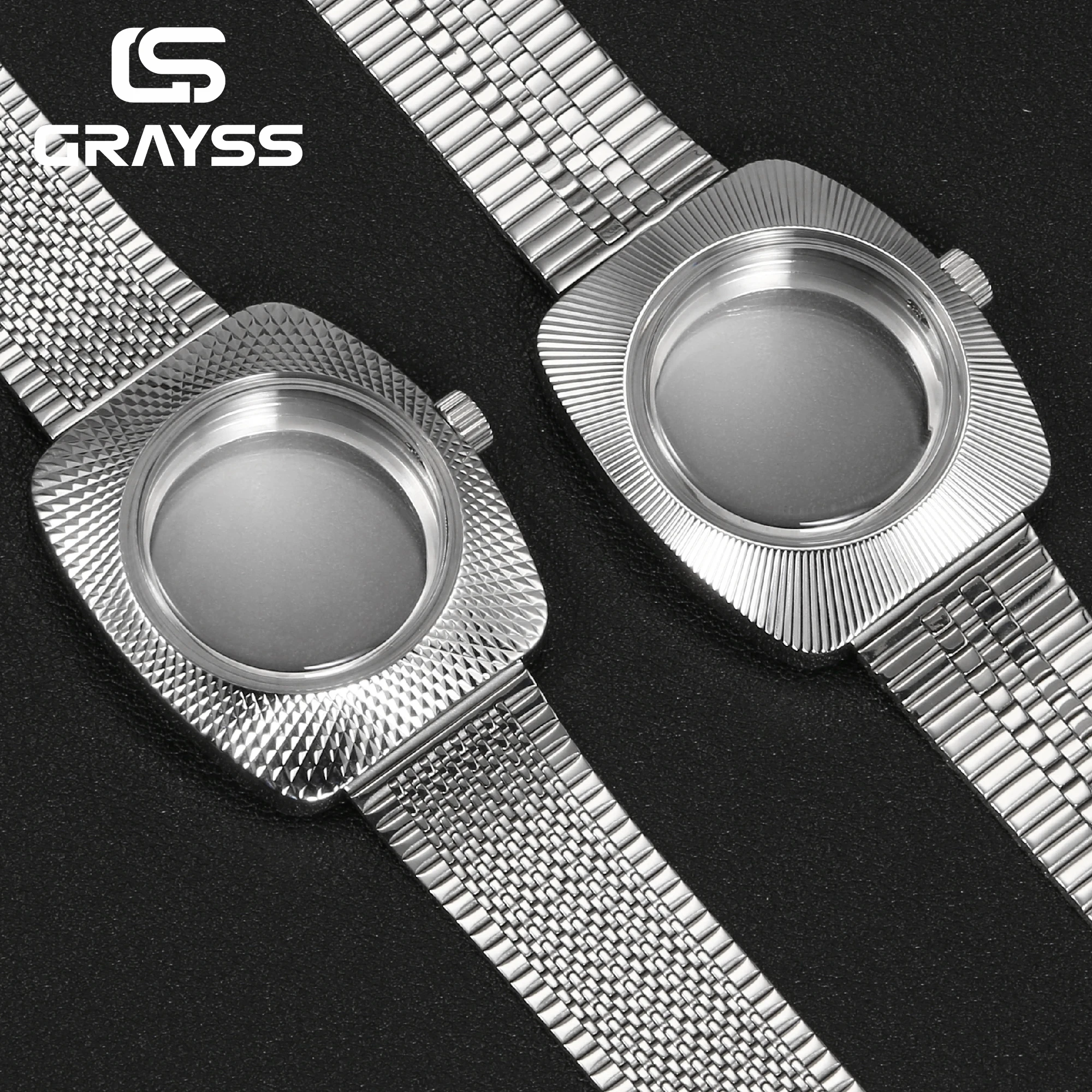 New Retro Carving Cushion Watch Case Double Domed Glass Integrated Mesh Bracelet For SKX NH35 PT5000 MIYOTA8215 Mod Parts