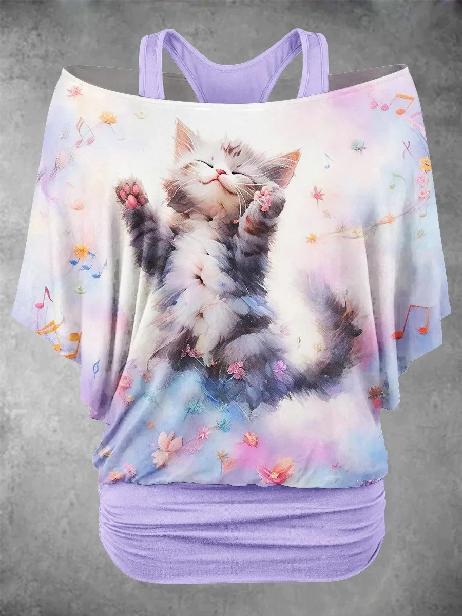 PLstar Cosmos Women's Cute Cat Flower Art Design 3D Printed Fake two piece off shoulder top Summer Casual T-Shirts JLJ-12