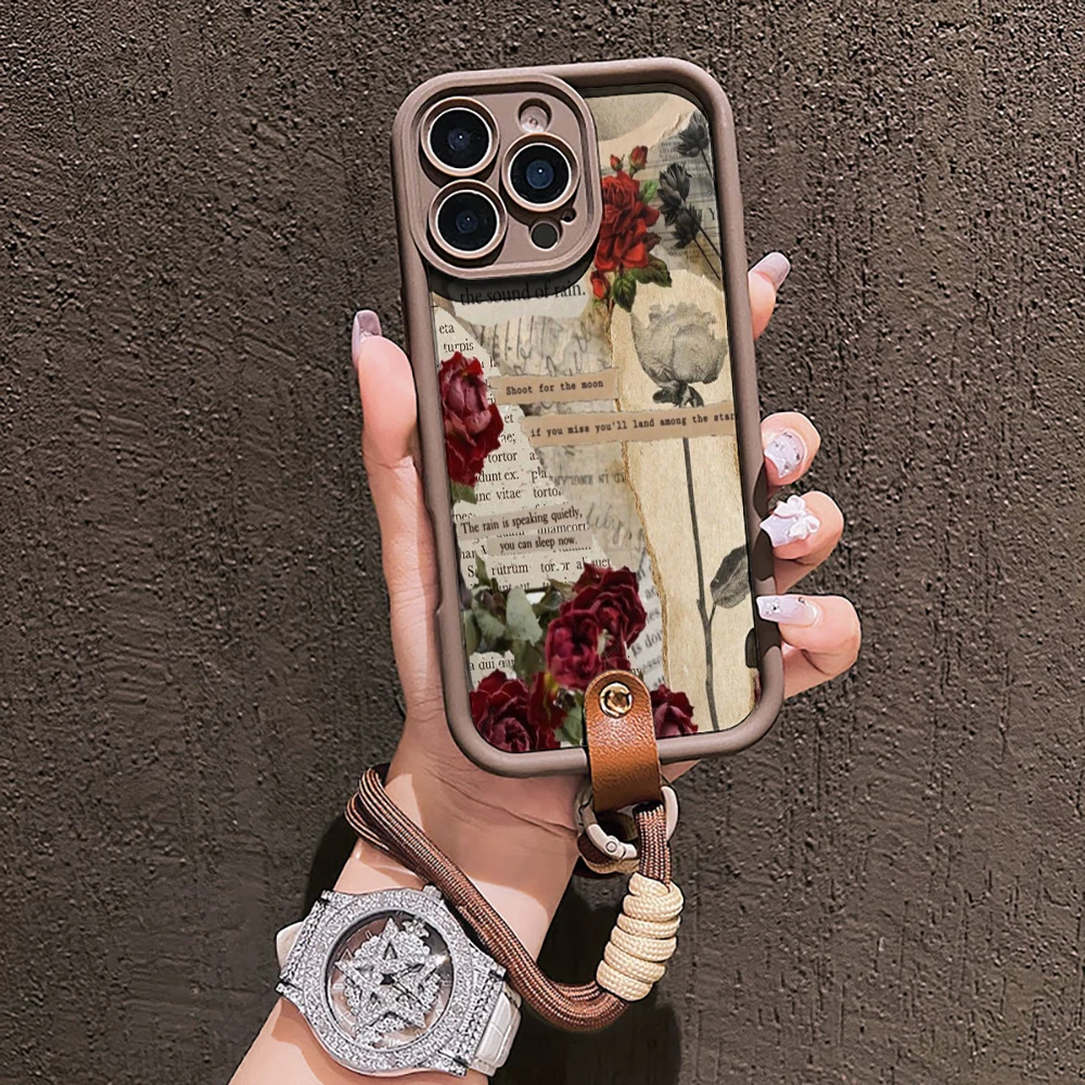 Vintage-Rosen-Silikon-Handyhülle für iPhone 17 16 17 Pro 15 14 13 12 11 Pro Max 16E 7 8 Plus XR XS mit Lanyard Stoßfeste Hülle – Detail 6