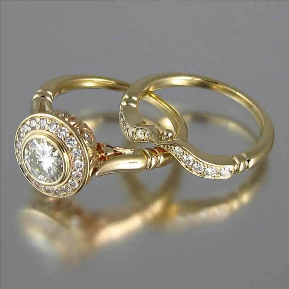 Cubic Zirconia Full Diamond Ring Set Valentine Birthday Anniversary Luxury Exquisite Stackable Ring Gold Engagement Ring