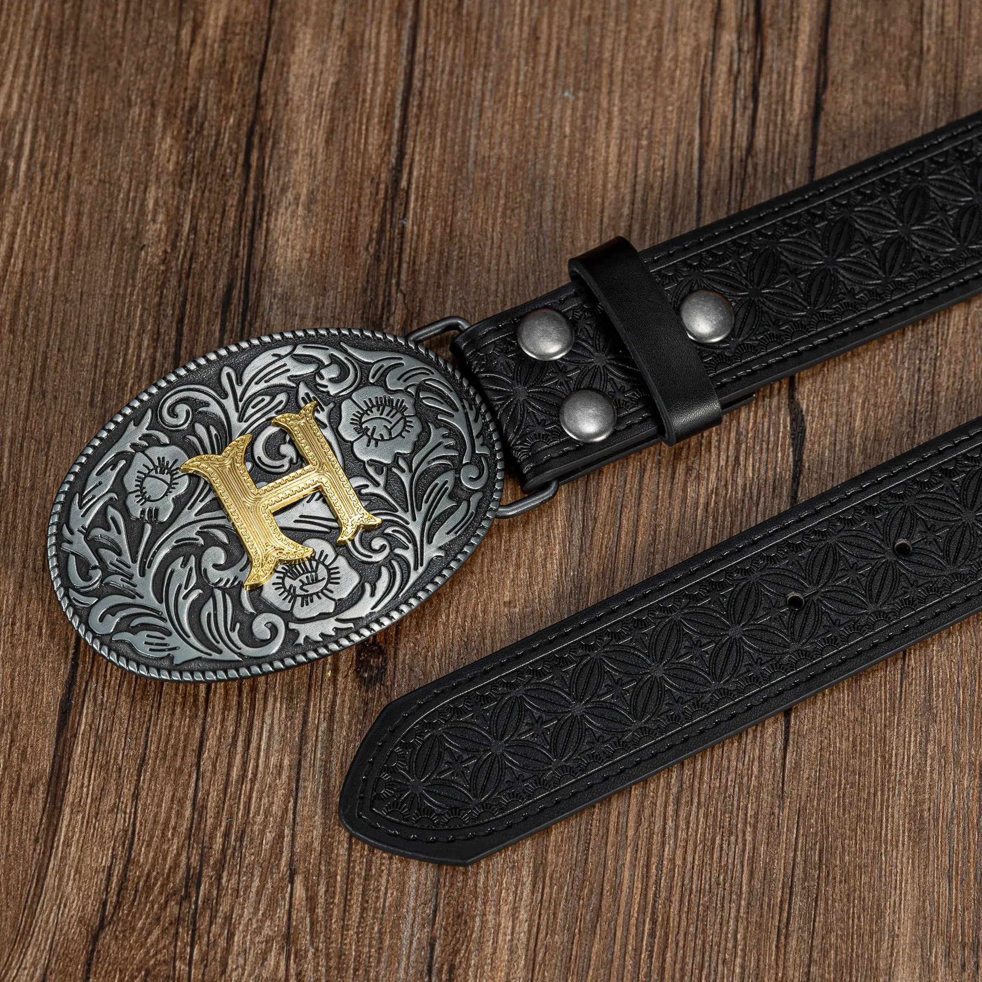Oval flower letter big plate buckle trend simple paper-cut PU embossed button belt