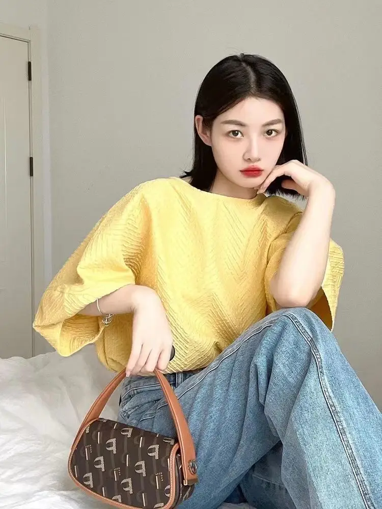 بلوزة صيفية نسائية صفراء فقاعية، مقاس صغير، فضفاضة، نحيفة، عصرية للارتداء اليومي