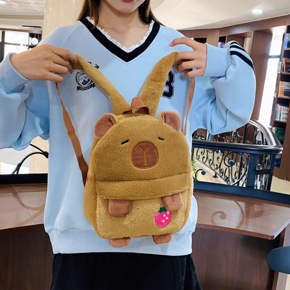 حقيبة ظهر Kawaii Cartoon Capybara ذات سعة كبيرة من القطيفة للطلاب حقيبة مدرسية خفيفة الوزن بسحاب للأطفال حقيبة ظهر للسفر
