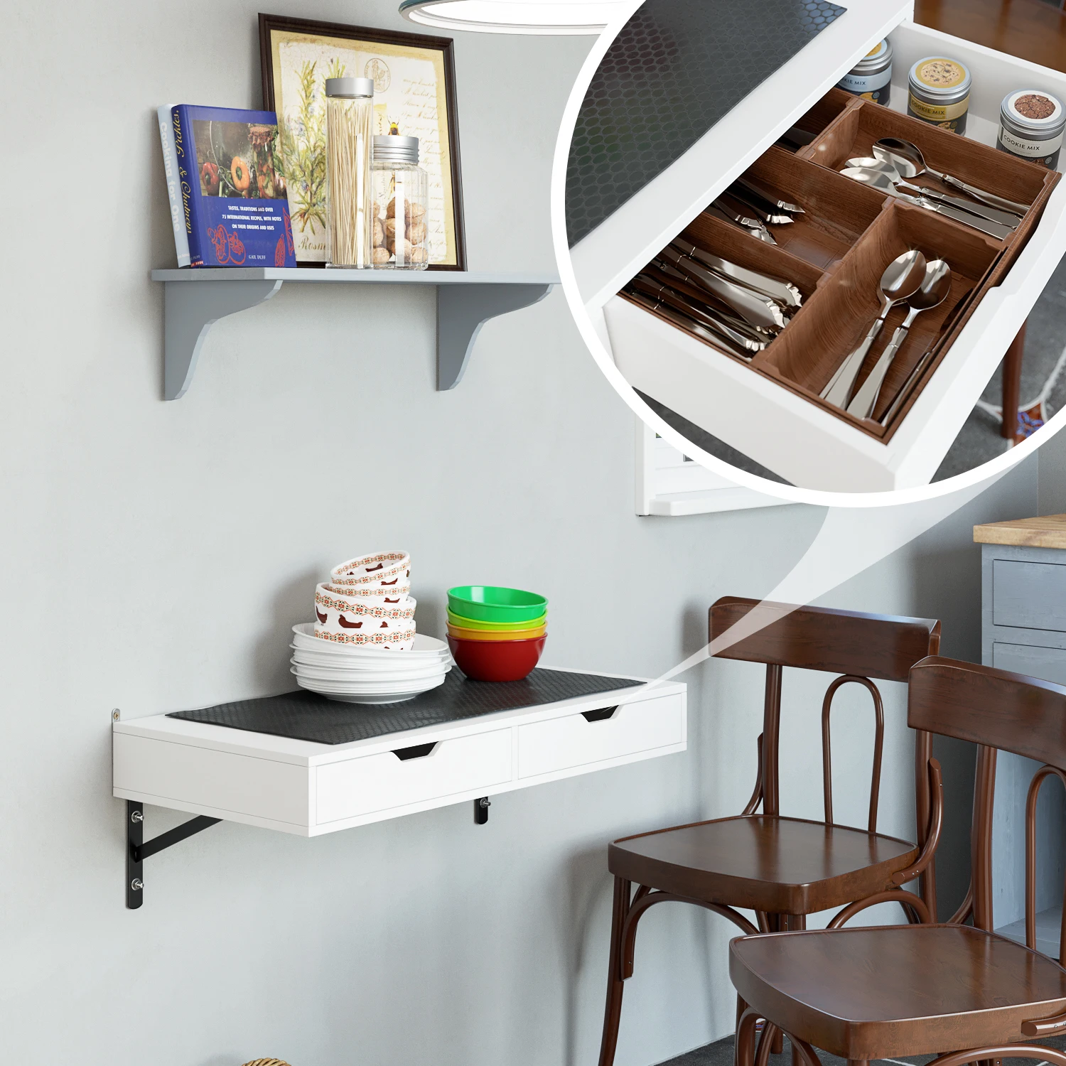 Getone Table Murale, Bureau Mural avec 2 Tiroirs 2 Supports, Table d\'ordinateur 80 cm, Table Suspendue, poste de travail de bureau en bois