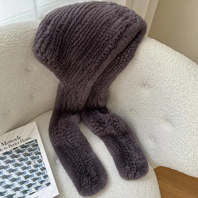 Real Rex Rabbit Fur Hat Scarf One-piece Women Winter Fashion Hooded Long Scarf Warm Fur Hat With Neck Collar Scarves Hat Scarf