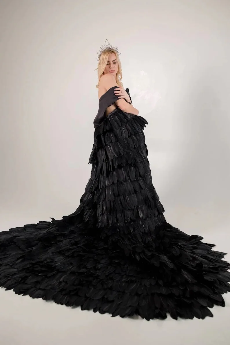 

Black Feather Cape Raven Feather Maternity Robe For Photoshoot Pregnant Women Feather Boudoir Robes Hand Made Gowns