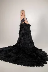 Black Feather Cape Raven Feather Maternity Robe For Photoshoot Pregnant Women Feather Boudoir Robes Hand Made Gowns