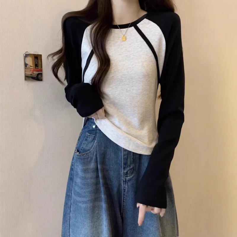 

Early Autumn Winter New Contrasting Color Raglan Long-sleeved Cotton T-shirt Women's Inner Layering Shirt American Slim Top
