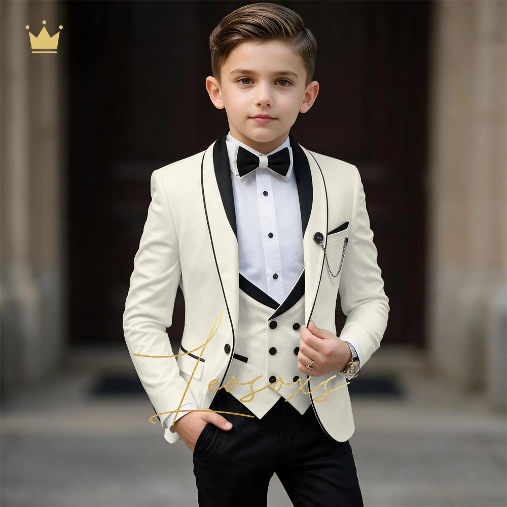 Kids Luxury 3-Piece Tuxedo Set Custom Made with Black Satin Trim Slim Fit Gentleman Style Birthday Party Performance Outfit