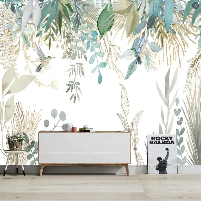 Customized mural American style modern gold plant flower hummingbird leaf bedroom TV background wall decoration 3d wallpaper ﻿