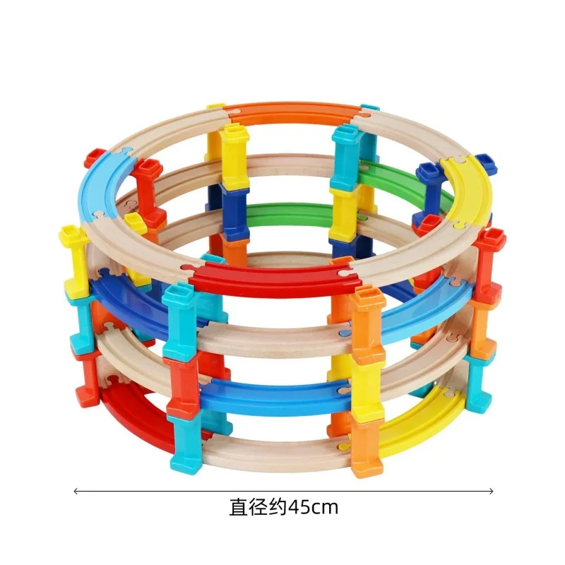 Wooden Train Tracks Accessories set Wood Spiral Tracks with Plastic Bridge Piers Wood Track Toys Multi-layer Spiral Wooden Track