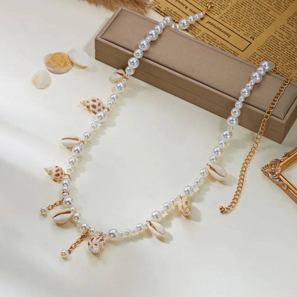 Imitation Pearl Boho Waist Chain Bohemian Style Double Layer Waistband Jewelry Beads Conch Pendant Seashell Belly Chain Women