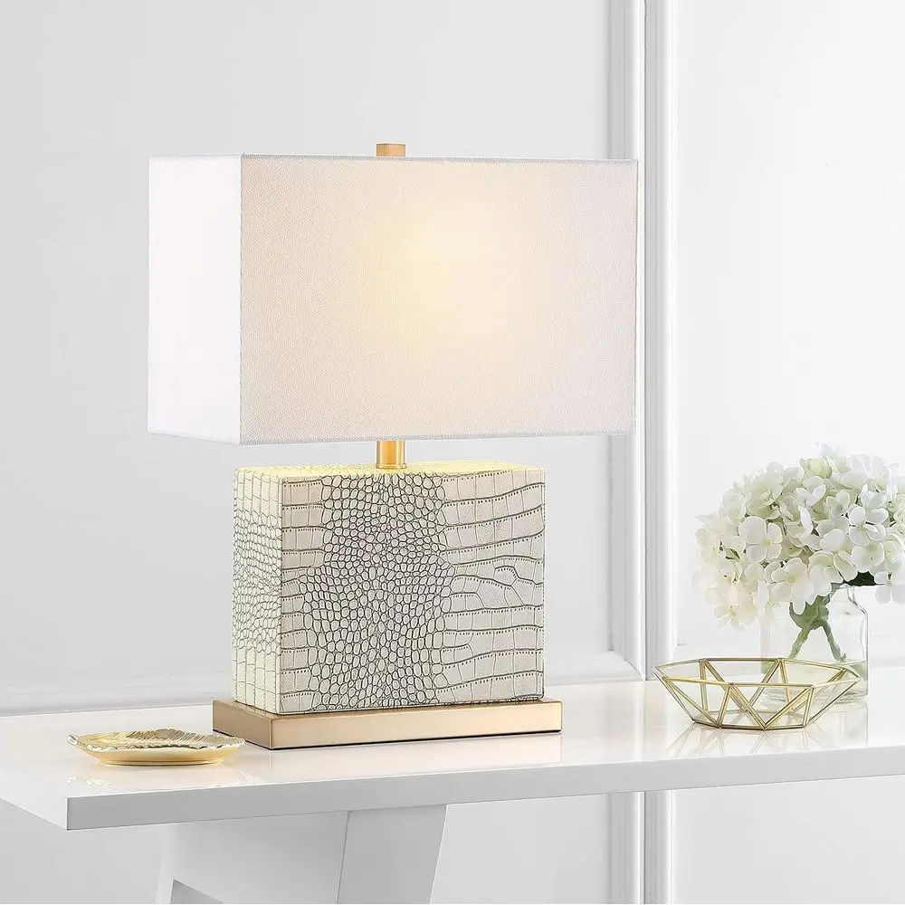 Art Deco Cream Alligator Print 21-inch Table Lamp with LED Bulb for Bedroom, Living Room, Home Office, and Desk