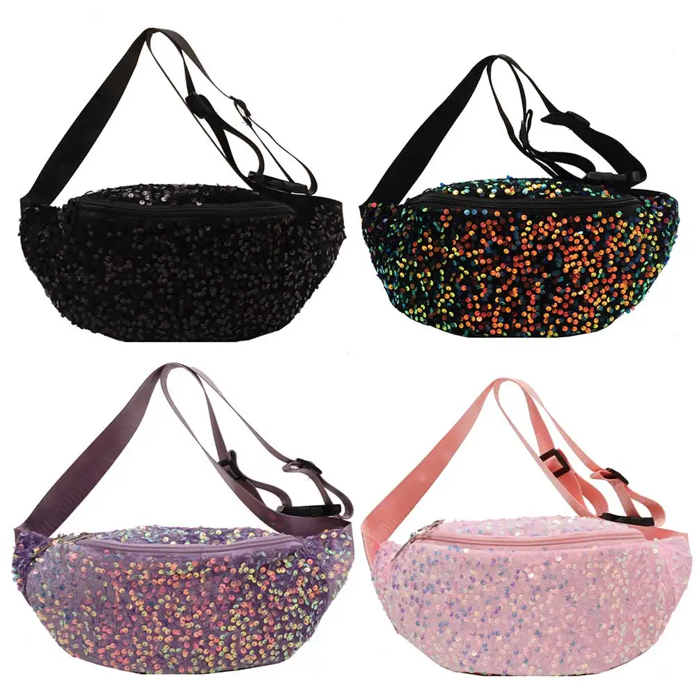 Women Solid Shoulder Bag PU Leather Sequin Fashion Chest Bags Adjustable Strap Shining Ladies Commuting Bag
