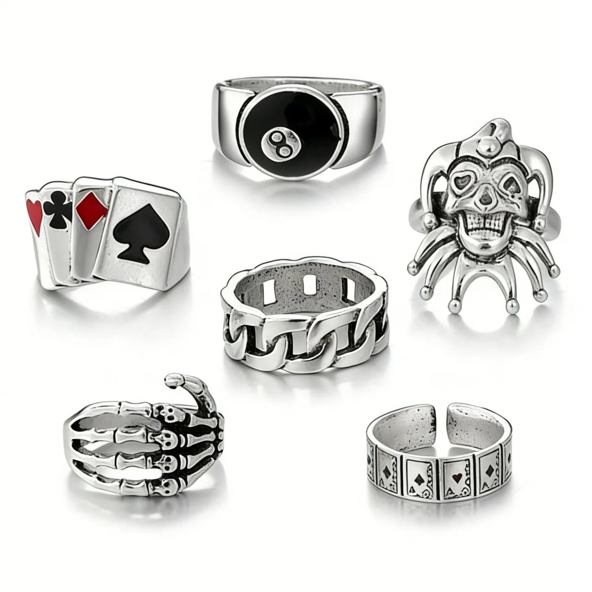 6Pcs Men's Gothic Punk Ring Set, Vintage Silver Poker 8 Ball Joker Skeleton Hand Cuban Link Stackable Rings Jewelry Party Gifts