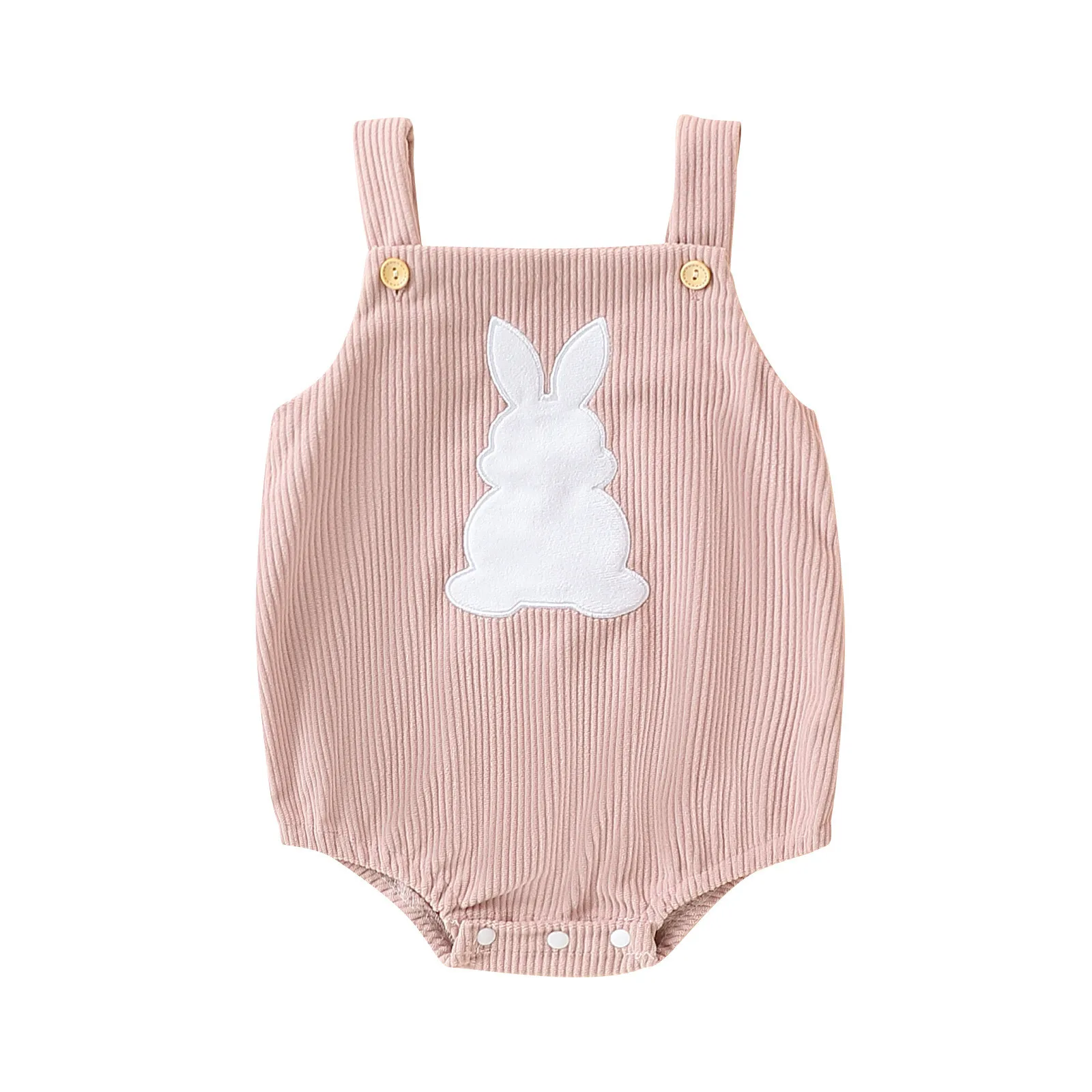 Newborn Baby Girls Boys Easter Corduroy Romper Square Neck Button Down Rabbit Patch Appliques Tank Top Jumpsuit Overalls 0-18M