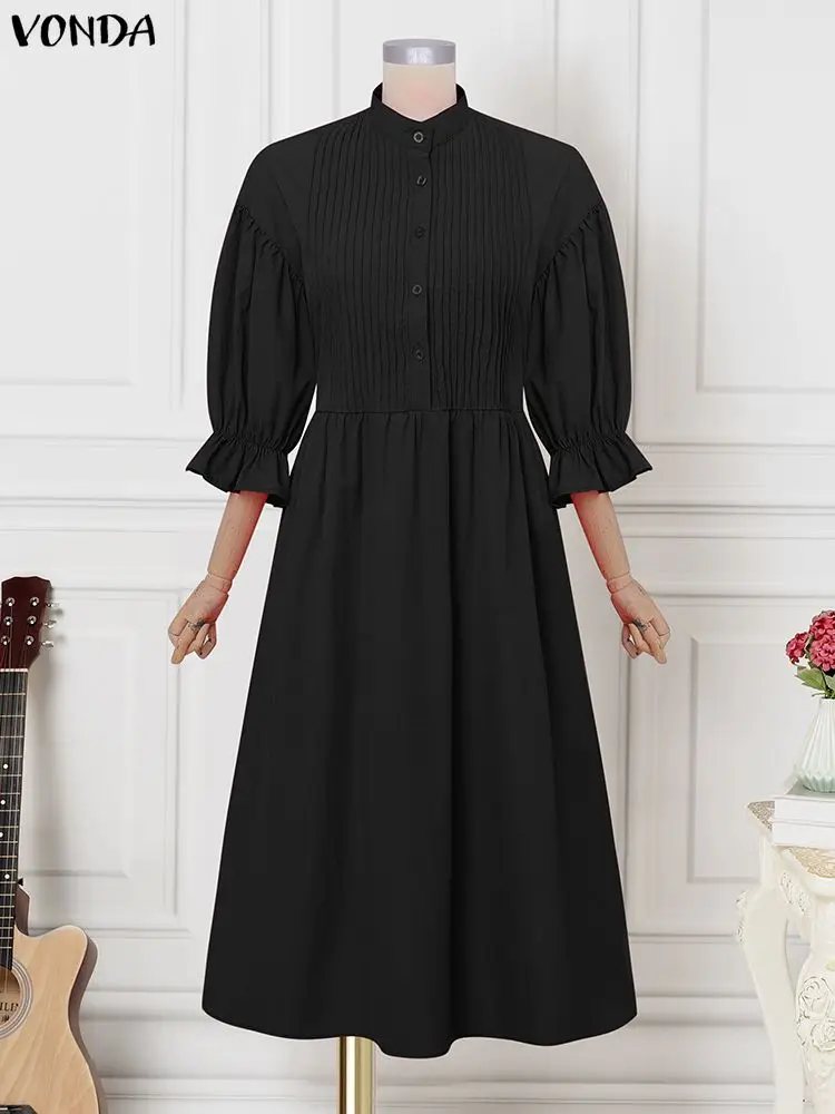 VONDA Plus Size Abiti lunghi eleganti Donna Autunno 3/4 Manica a lanterna Pieghettato Vestito estivo da festa Moda casual Abito lungo da sposa 5XL