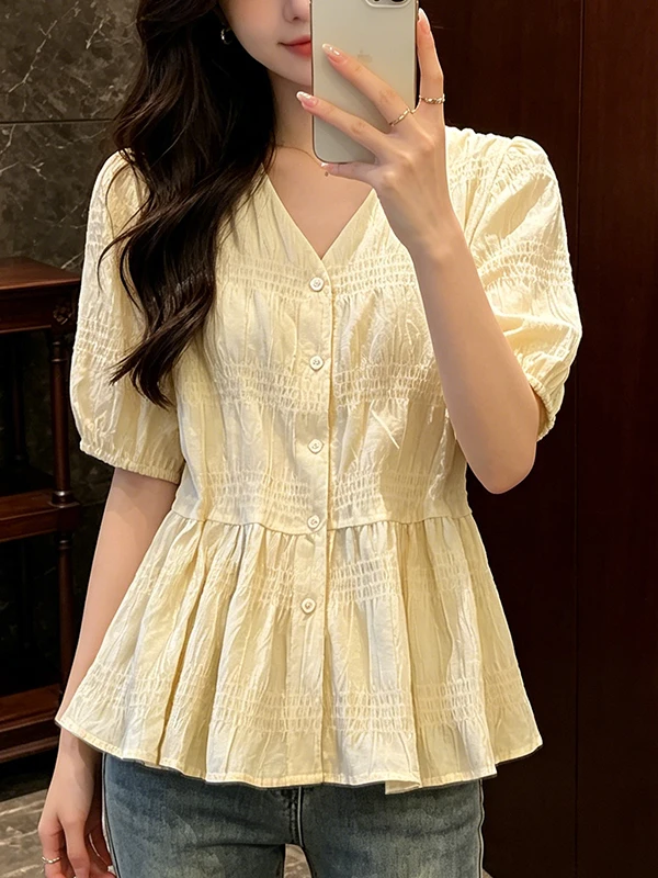 

plus Size Summer New Women's Shirt Folded Waist Slimming Belly Covering V-Neck Cardigan Top Korean Style Polyester Fiber