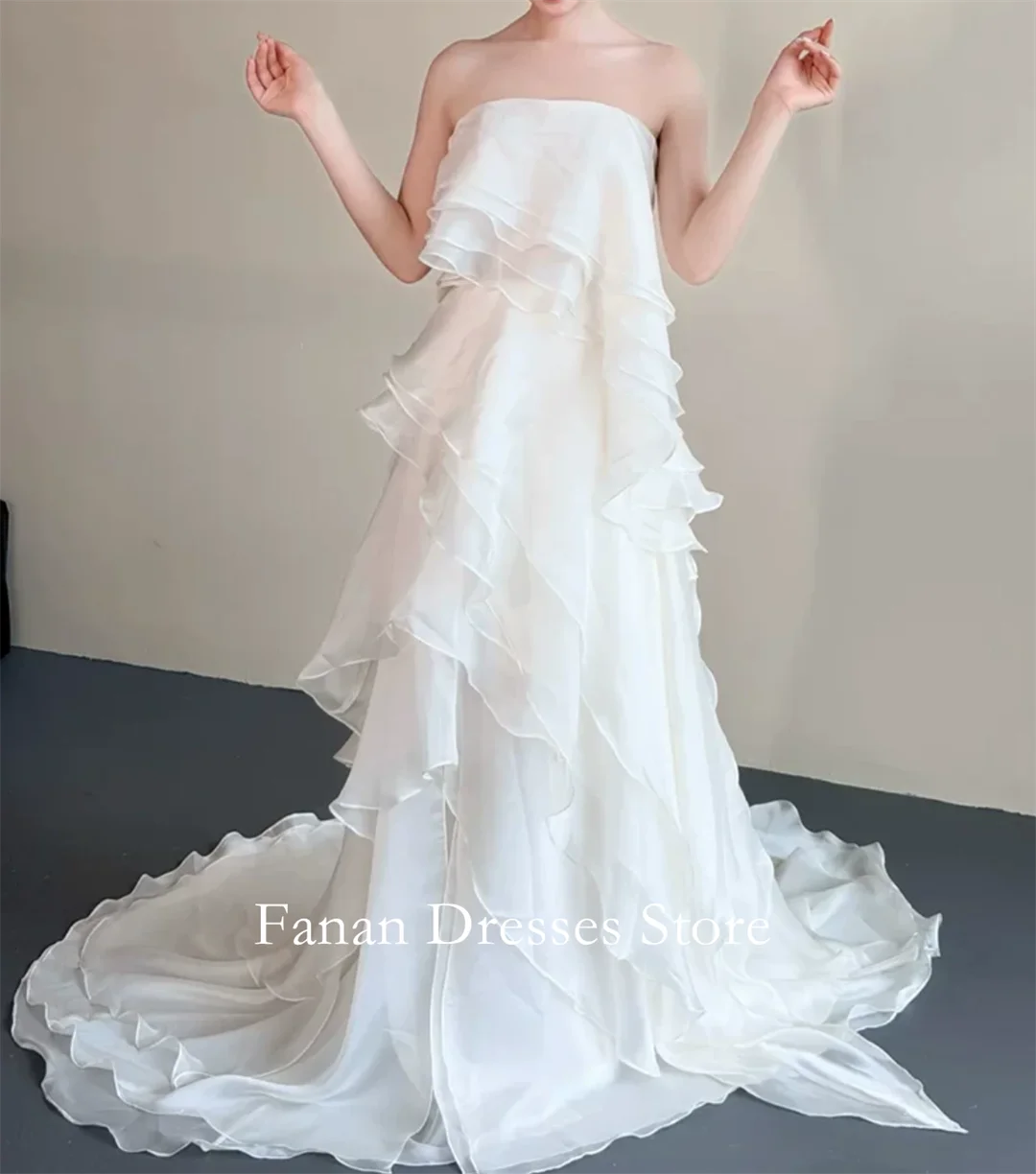 FANAN Strapless Tiered Organza Vintage Simple Elegant Wedding Dresses 웨딩드레스 Ivory Customized Pretty  Bride Dresses