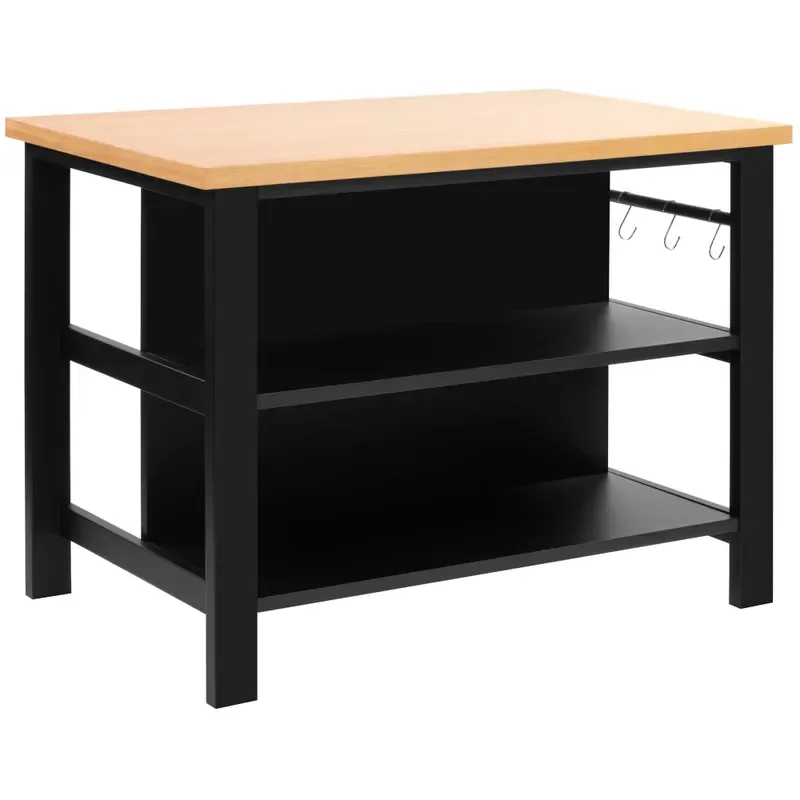 Factory Direct Wood Table Kitchen Island Bench with Storage Hooks Shelf for Small Kitchen