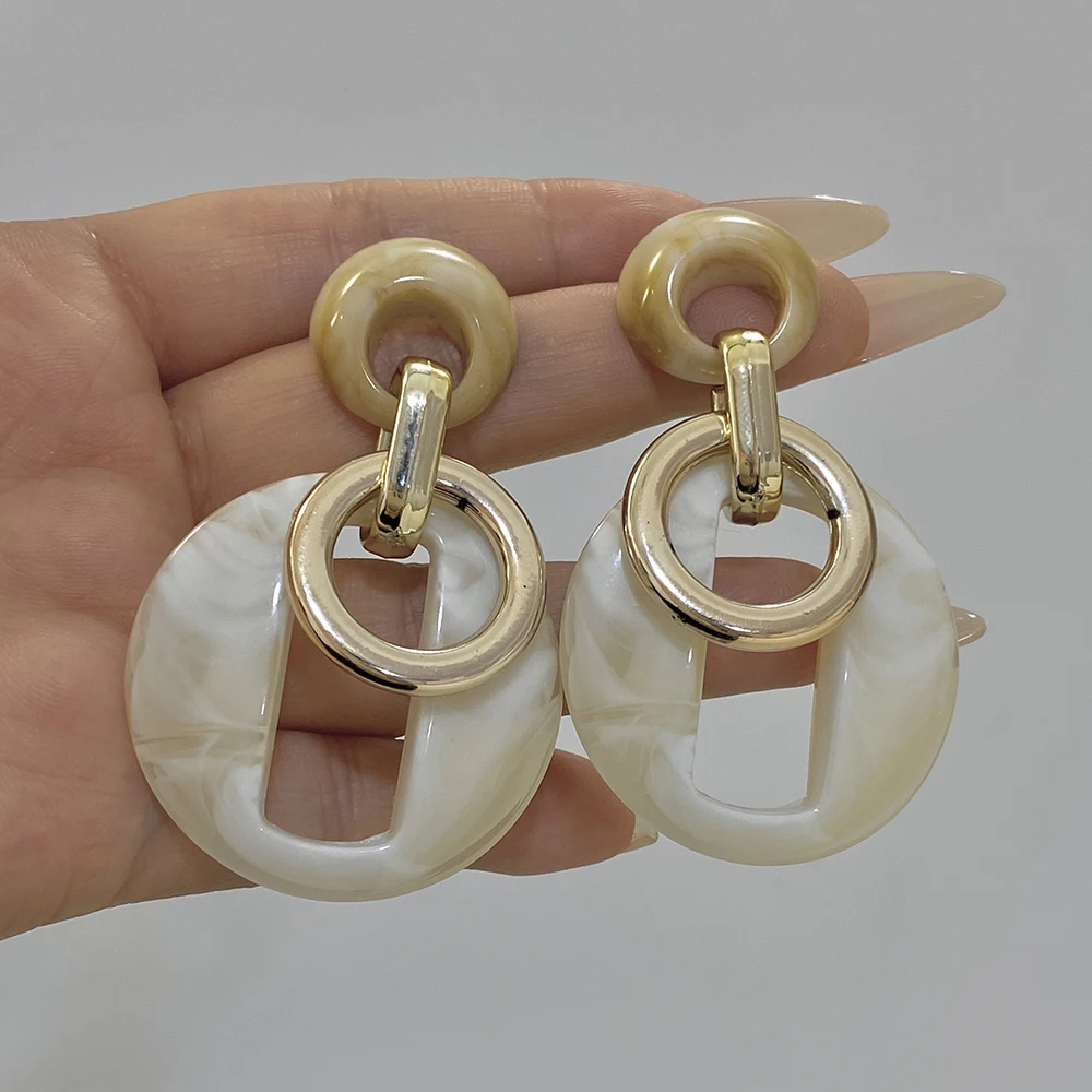 AENSOA Marble‑Pattern Acrylic Dangle Earrings Hollow Round Ring Drop Earrings Retro Elegant Neutral‑Tone Statement Women