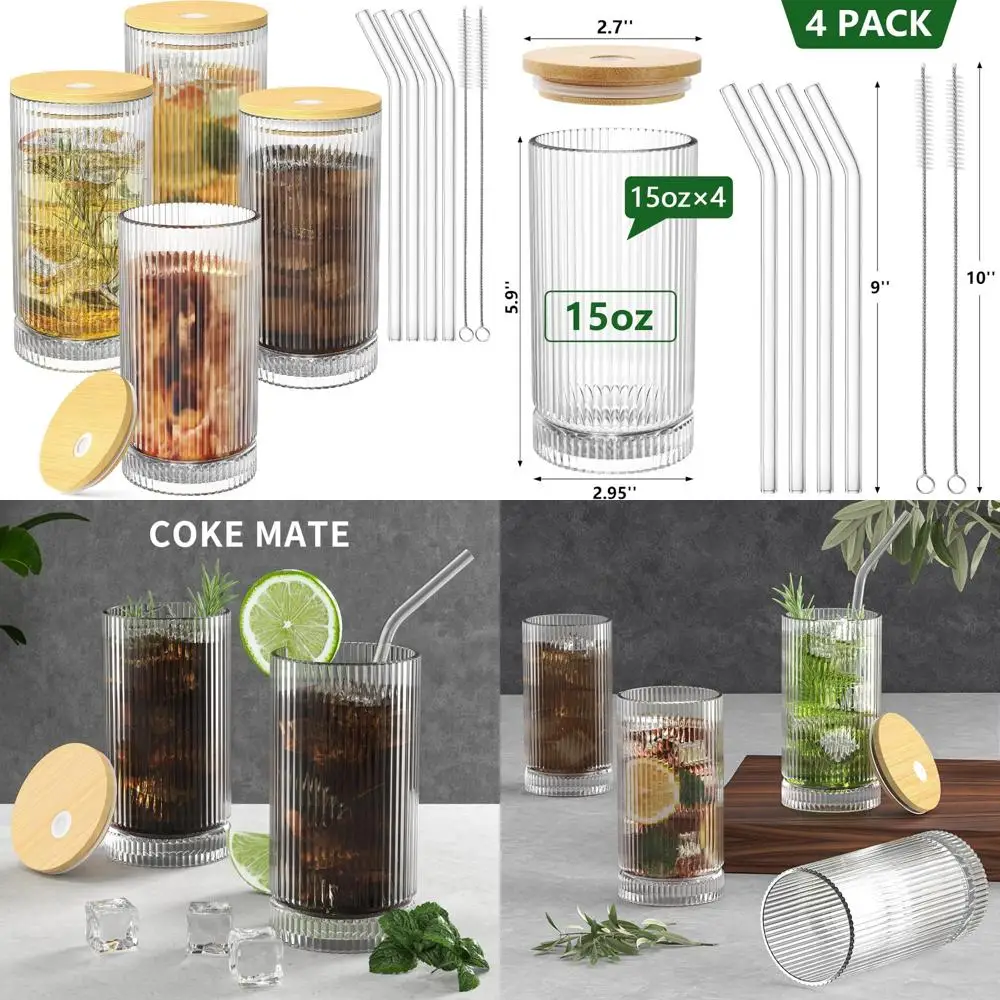 

15 oz glass cups with lid and straw, iced coffee cups with lid, vintage glassware for whiskey cocktail beer (4 pack)