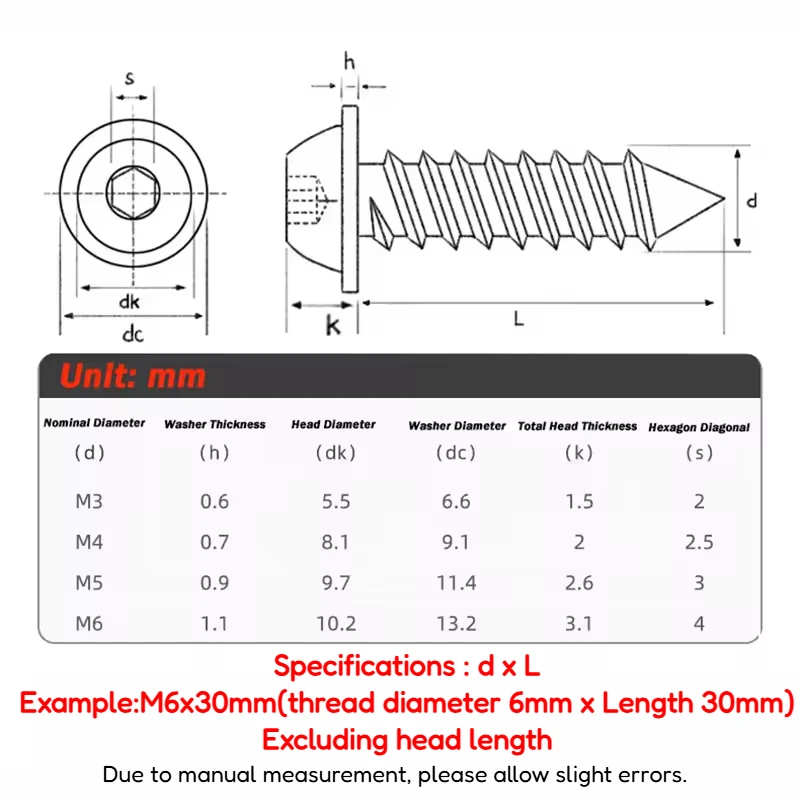 M3 M4 M5 M6 Button Head with Pad Hexagon Socket Self Tapping Screws Round Head wiith Gasket Screws 304 Stainless Steel