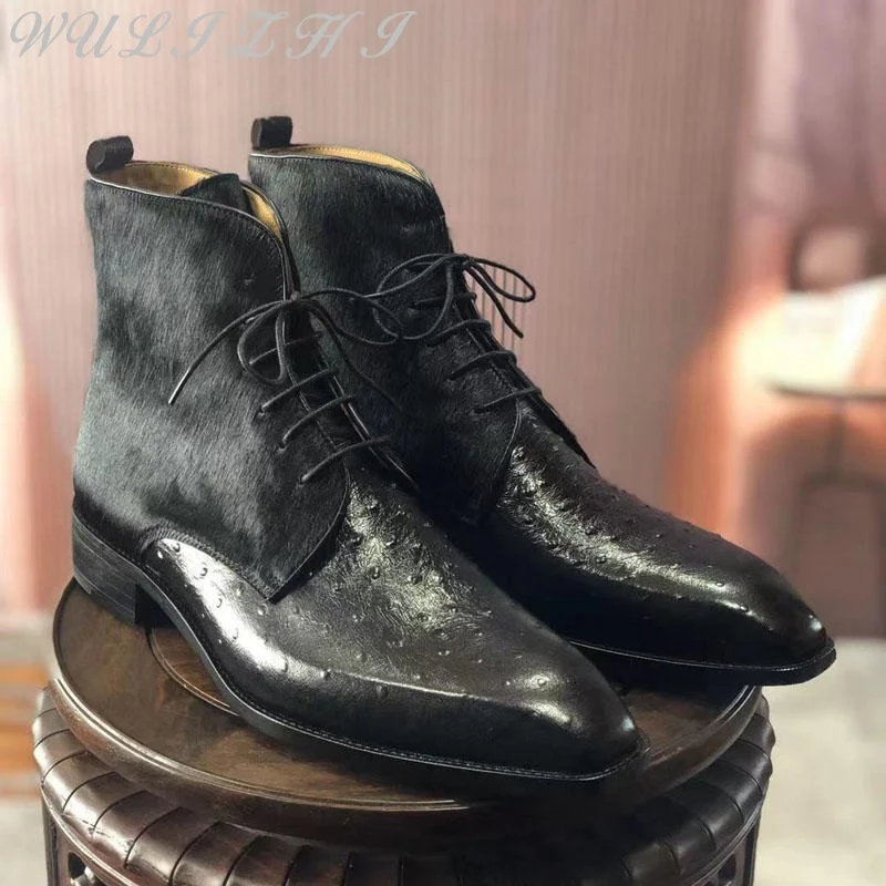 

British Style Horse Hair Cowhide Ostrich Pattern Men Short Boots Genuine Leather Daily Casual Lace Up Martin Boots