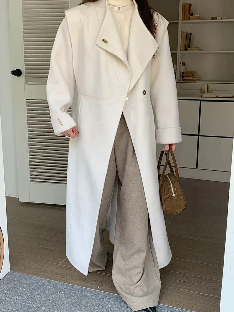 

Winter Women Soft Double-sided Wool Coat New Metal Buckle Mulberry Slik Loose Stand Collar Long Sleeve Woolen Overcoats Autumn