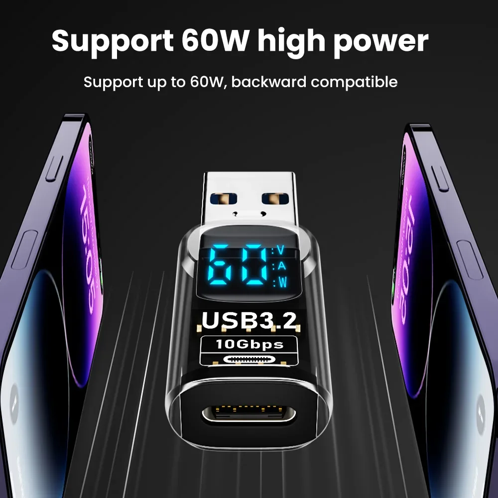 USB A To USB C Adapter 60W PD Fast Charging 10Gbps Data Transfer With LED Digital Display OTG Connector For Phone Laptop
