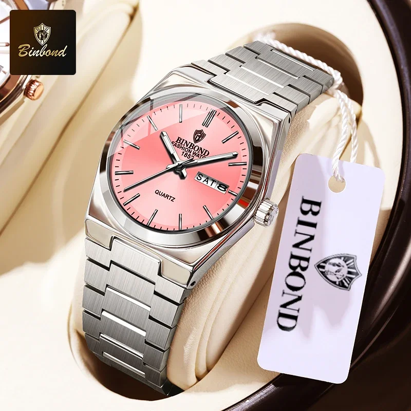BINBOND Top Brand Business Women Square Watch Steel Belt Double Calendar Waterproof Female Personalized Trendy Quartz Watches