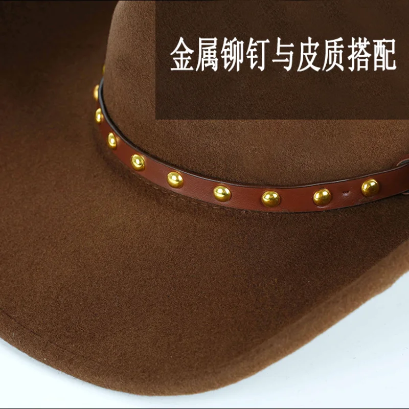 Cowboy Hat For men Pure Wool Felt Cowboyhoed Horsemanship Western Country Accessories Women Cowgirl Hats Rivet Leather Cord