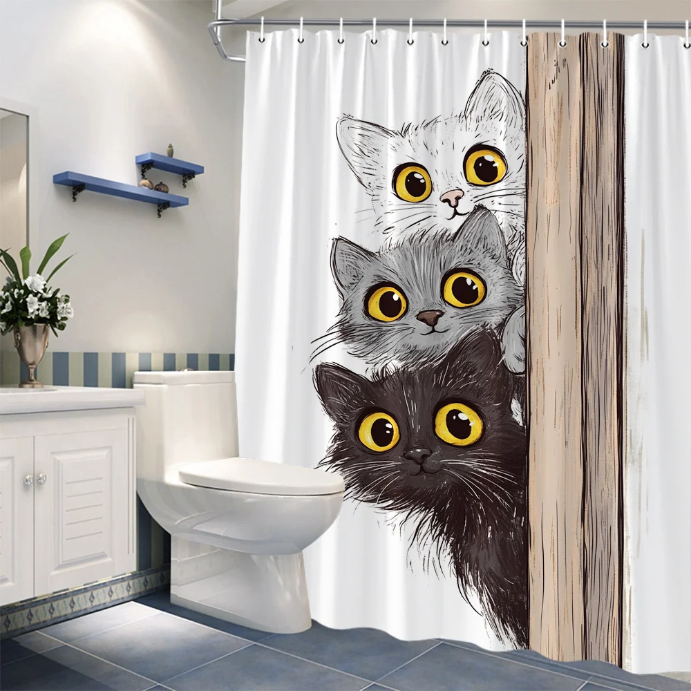 

1 шт. Занавеска для душа «Причудливые кошки» — игривые выражения в стиле манга, реалистичная текстура меха, белые, серые, черные кошки на деревянном каблуке