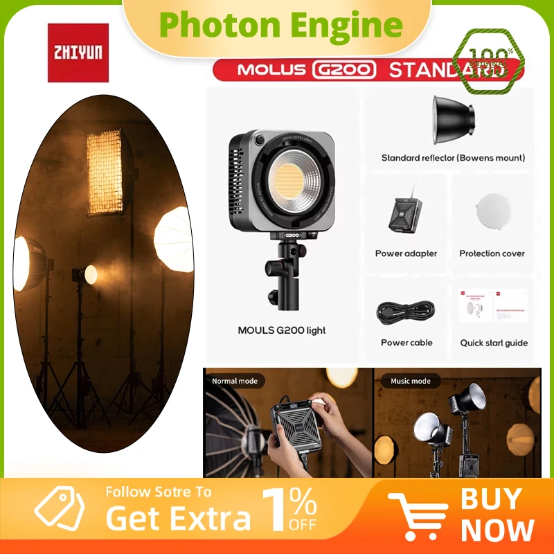 

ZHIYUN MOLUS G200 200W COB LED Light 300W Bi-Color 2700K-6500K Photography Lighting APP Control for Photo Camera Studio