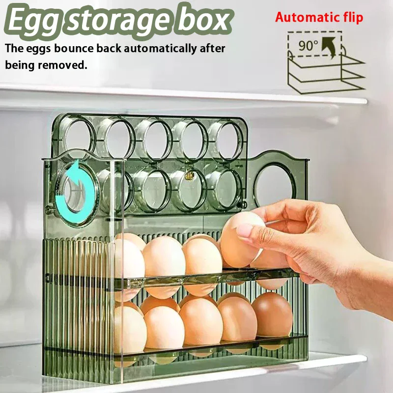 Kitchen Large Capacity Egg Fridge Storage Box - Portable Multi-Layer Egg Tray Organizer, Auto Opening/Closing Egg Holder