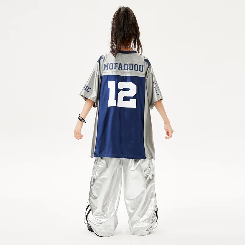Conjunto de roupas infantis de hip hop, camiseta de cor contrastante, couro pu, calças cargo brilhantes, traje de dança de rua para meninos e meninas, traje de dança moderna de jazz